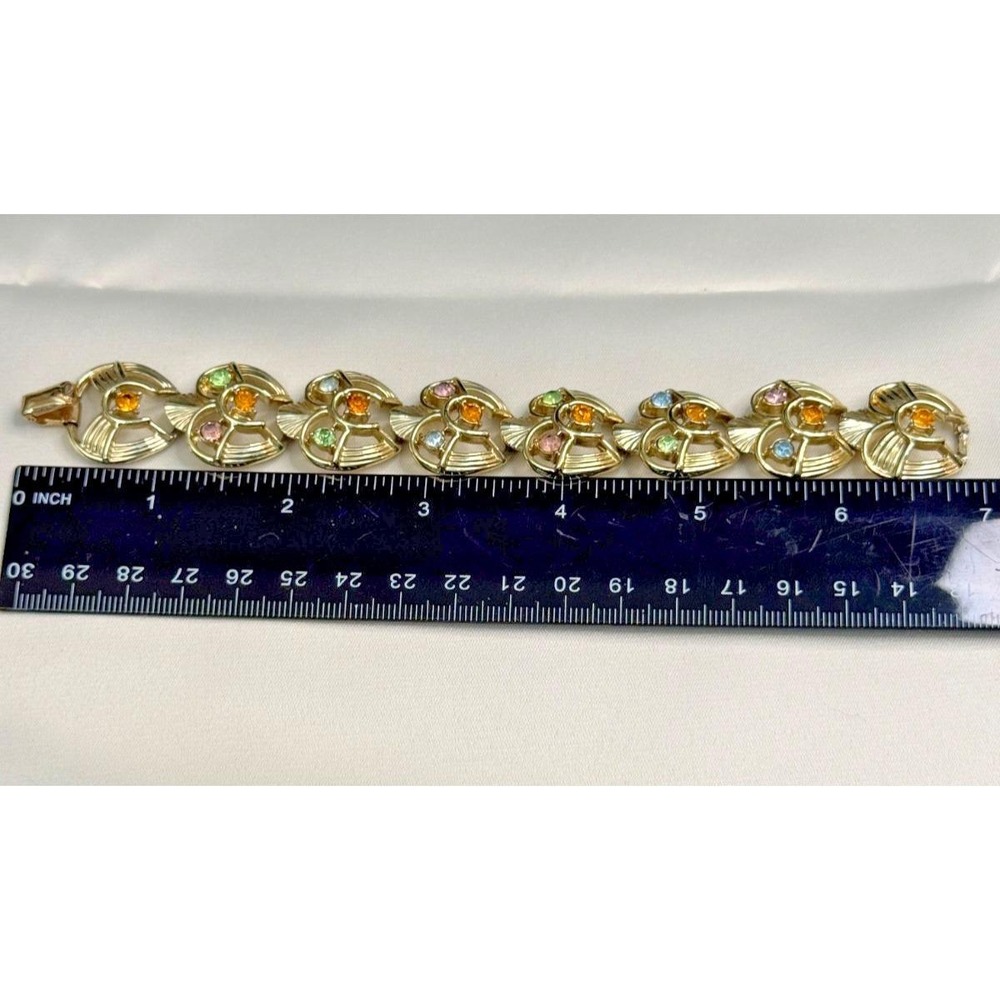 Vintage Signed Coro Script bracelet pastel rhinestones gold tone MCM - Picture 4 of 6